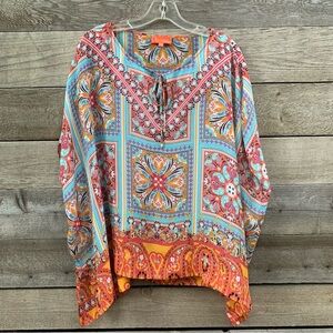 Hale Bob Cabana Poncho Womens Silk Boho Scarf Print Colorful Semi Sheer Beachy